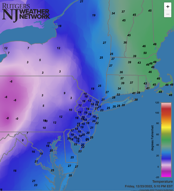 Temperatures at 5:10 PM on December 23rd from Rutgers NJ Weather Network and National Weather Service airport stations.