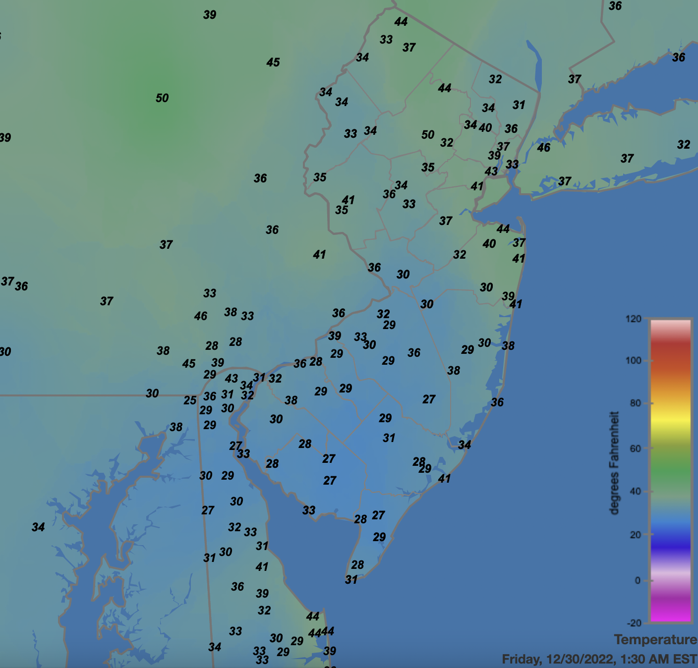 Surface air temperatures across NJ and nearby states at 1:30 AM on December 30th.