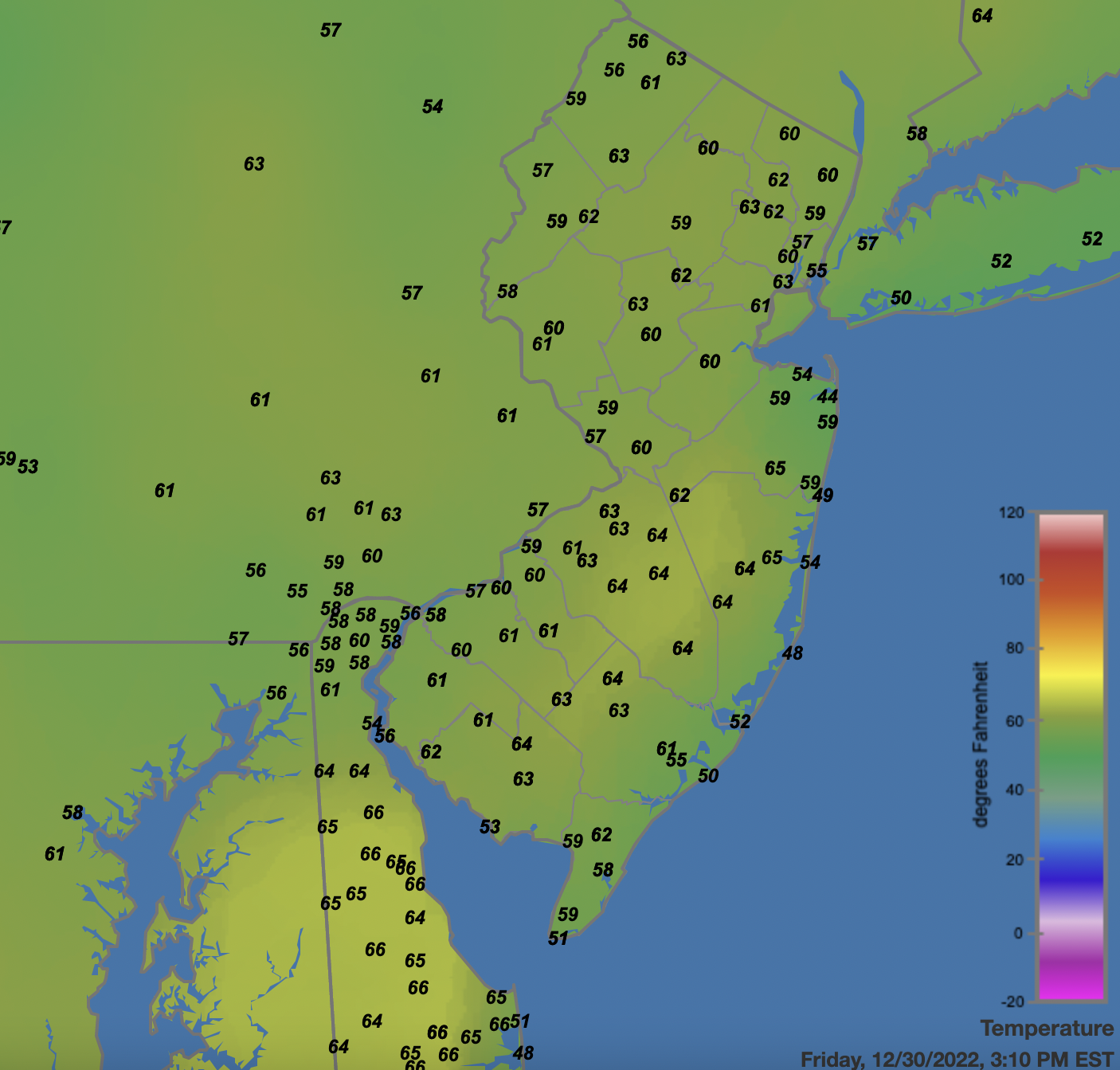 Surface air temperatures across NJ and nearby states at 3:10 PM on December 30th.
