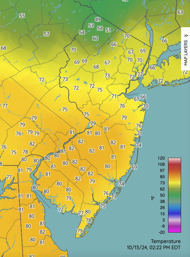 Maximum temperatures on September 1st based on a PRISM (Oregon State University) analysis generated using NWS, NJWxNet, and other professional weather stations.