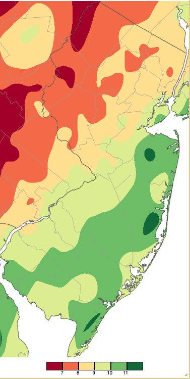 Figure 10. Winter 2025/2026 (December 1st–February 28th) precipitation across New Jersey based on a PRISM (Oregon State University) analysis generated using NWS Cooperative, CoCoRaHS, NJWxNet, and other professional weather station observations. Totals range from 6.00”–6.99” (dark red) to 11.00”–11.99” (dark green). Winter 2025/2026 (December 1st–February 28th) precipitation across New Jersey based on a PRISM (Oregon State University) analysis generated using NWS Cooperative, CoCoRaHS, NJWxNet, and other professional weather station observations. Totals range from 6.00”–6.99” (dark red) to 11.00”–11.99” (dark green).