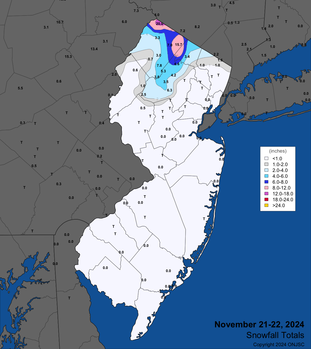 Snowfall from the evening of November 21st through the morning of November 22nd. Observations are from CoCoRaHS, NWS Cooperative Observer, and NWS Spotter reports.