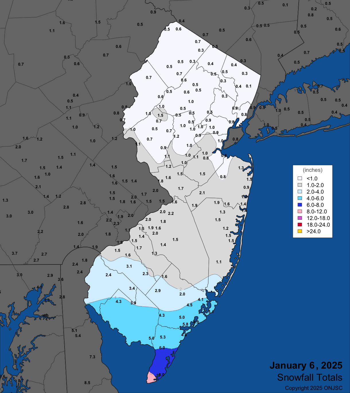 Snowfall map for January 6th. Observations are from CoCoRaHS, NWS Cooperative Observer, and NWS Spotter reports.