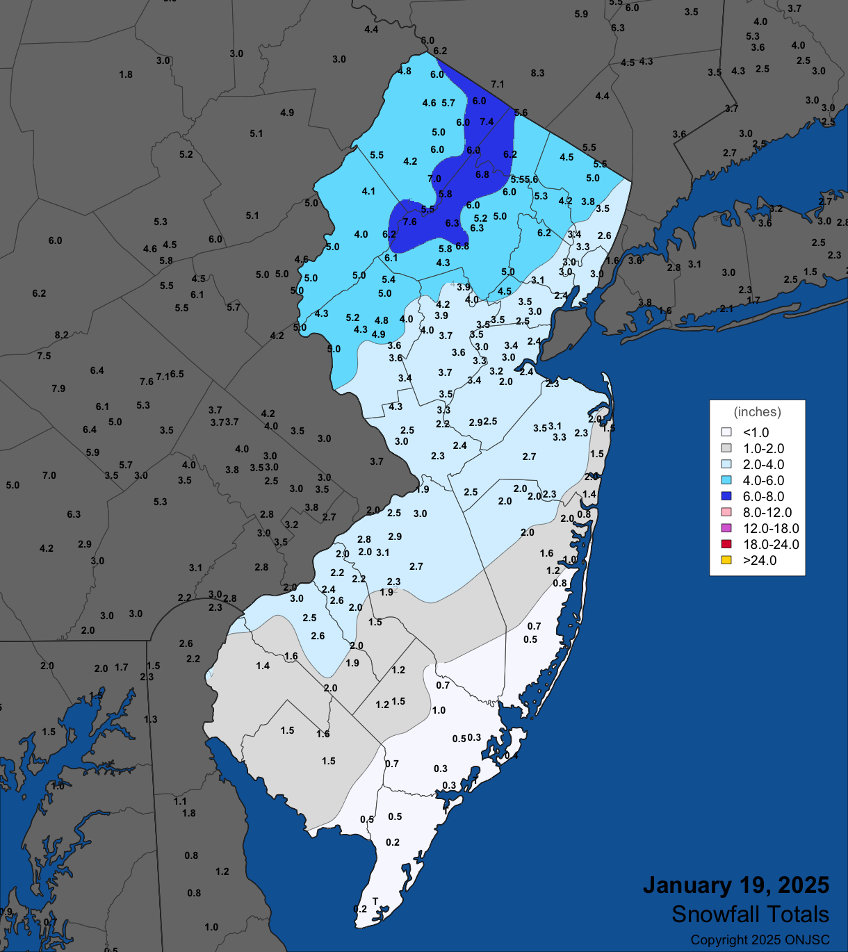 Snowfall map for January 19th. Observations are from CoCoRaHS, NWS Cooperative Observer, and NWS Spotter reports.