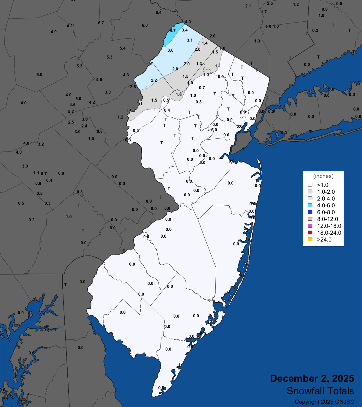 Figure 3. Snowfall on December 2nd. Observations are from CoCoRaHS, NWS Cooperative Observer Program, and NWS Spotter reports. Snowfall on December 2nd. Observations are from CoCoRaHS, NWS Cooperative Observer Program, and NWS Spotter reports.