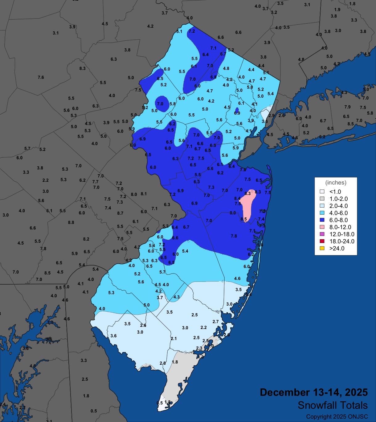 Figure 6. Snowfall on December 13th–14th. Observations are from CoCoRaHS, NWS Cooperative Observer Program, and NWS Spotter reports. Snowfall on December 13th–14th. Observations are from CoCoRaHS, NWS Cooperative Observer Program, and NWS Spotter reports.