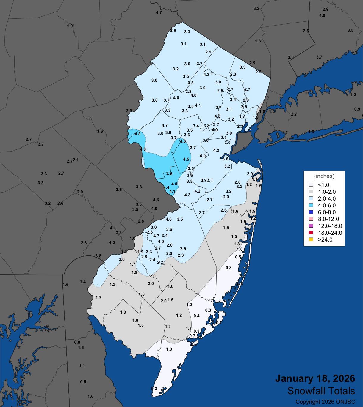 Figure 11. Snowfall on January 18th. Observations are from CoCoRaHS, NWS Cooperative Observer, and NWS Spotter reports. Snowfall on January 18th. Observations are from CoCoRaHS, NWS Cooperative Observer, and NWS Spotter reports.