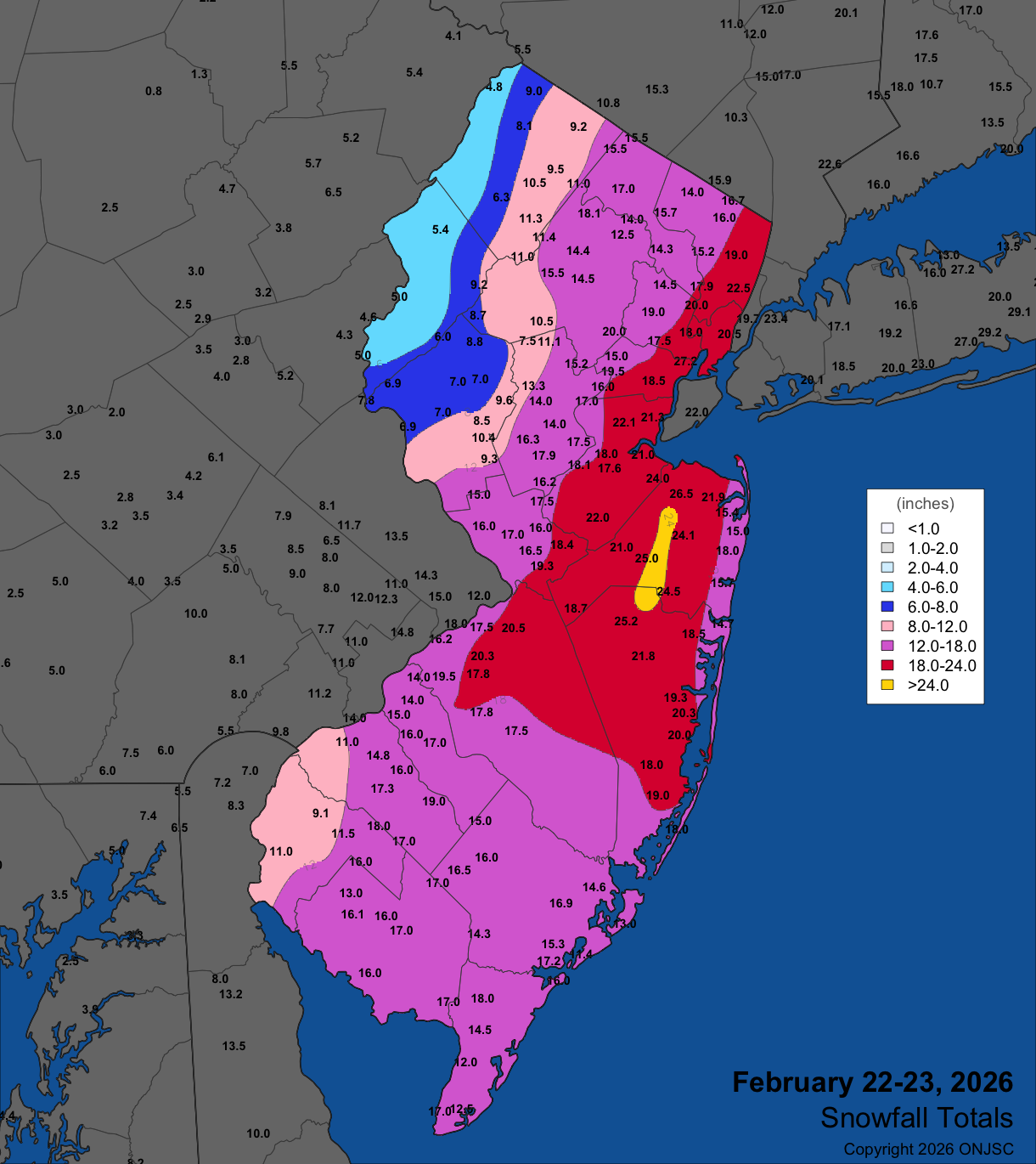 Figure 7. Snowfall on February 22nd–23rd. Observations are from CoCoRaHS, NWS Cooperative Observer, NWS Trained Spotters, and reports from the North Jersey Weather Observers. Map of snowfall on February 22nd–23rd. Observations are from CoCoRaHS, NWS Cooperative Observer, NWS Trained Spotters, and reports from the North Jersey Weather Observers.