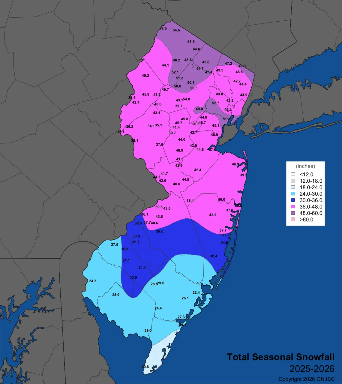 Seasonal snowfall map (November 2025–April 2026).