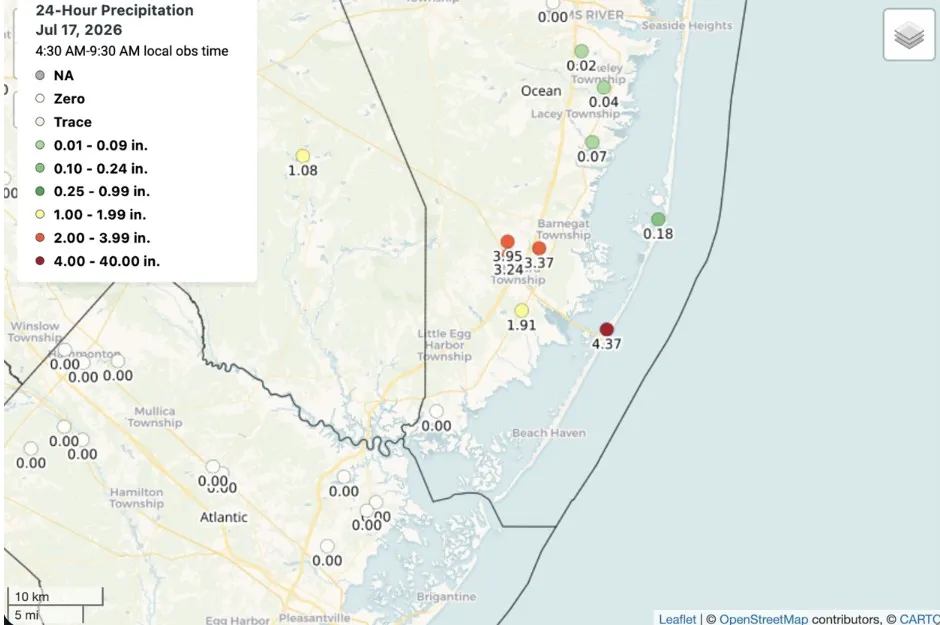 Map of CoCoRaHS observations of rainfall in Southern Ocean County that fell on the afternoon of July 16, 2026.