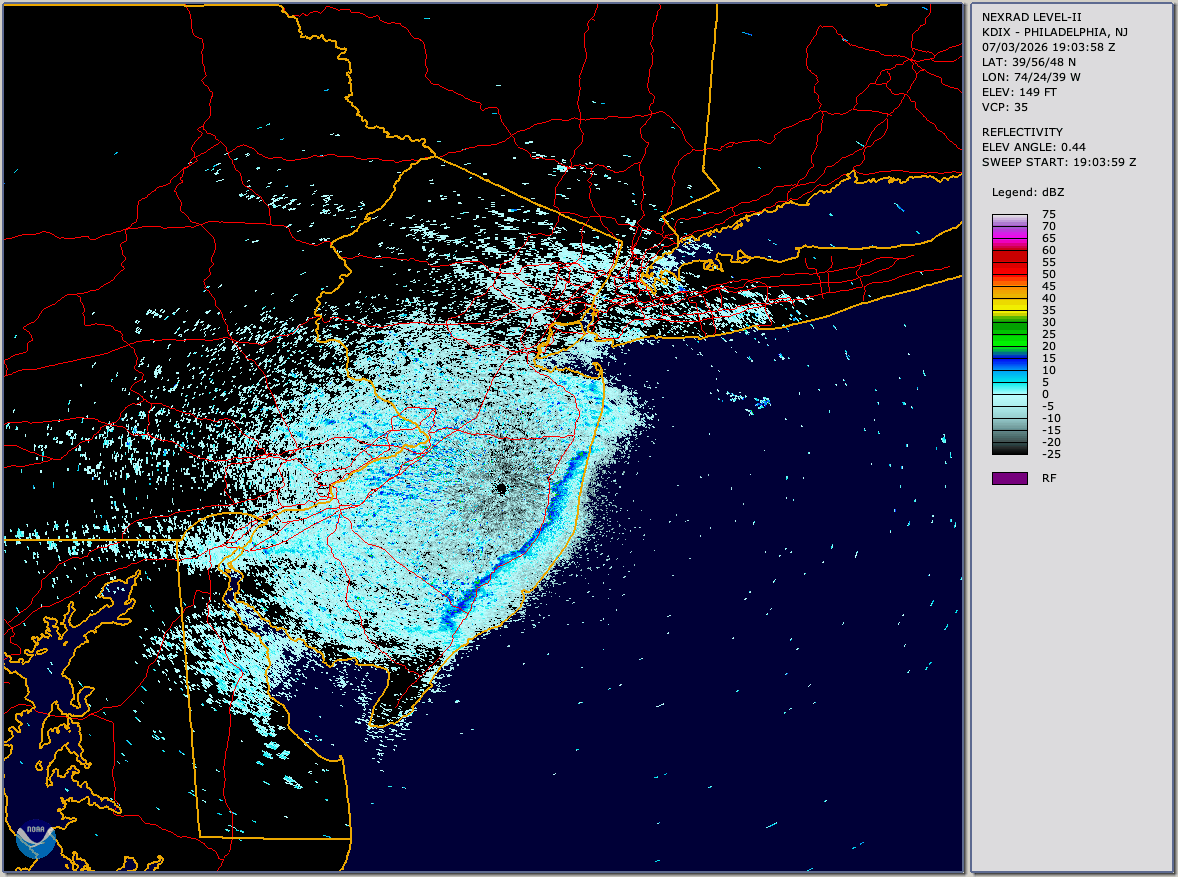 Animation of the July 3 squall line from the NWS radar site at Fort Dix, NJ (KDIX). 