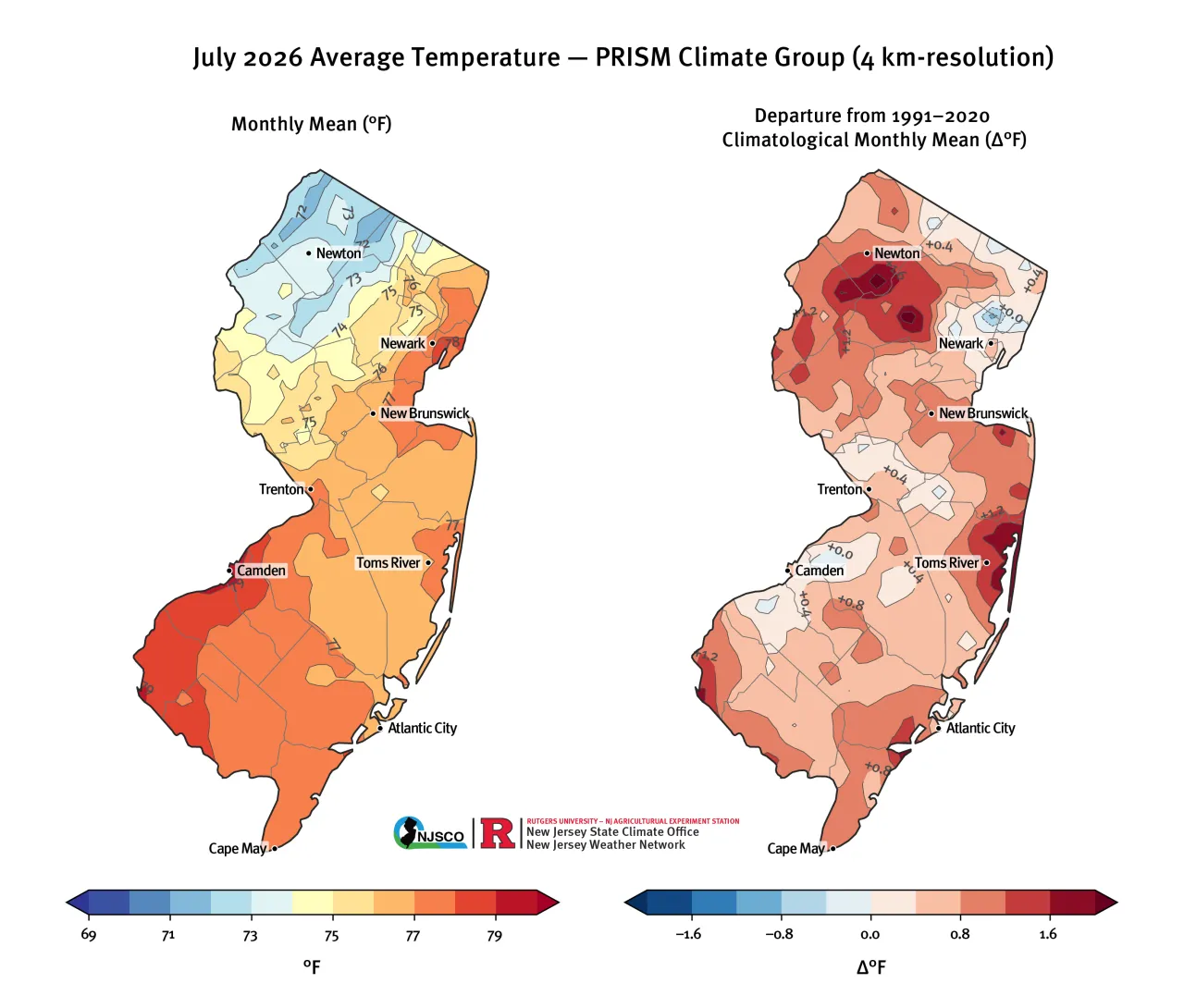 Maps of July 2026 average temperature and departure from 30-year monthly climatology from PRISM (Oregon State, https://prism.oregonstate.edu). 