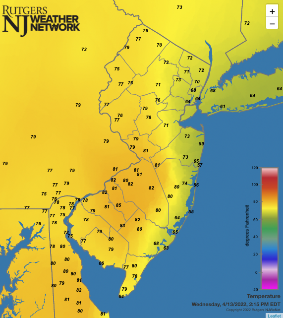 Temperatures across NJ and nearby states at 2:15 PM on April 13th. Observations are from NJWxNet, National Weather Service, and Delaware Environmental Observing System stations.