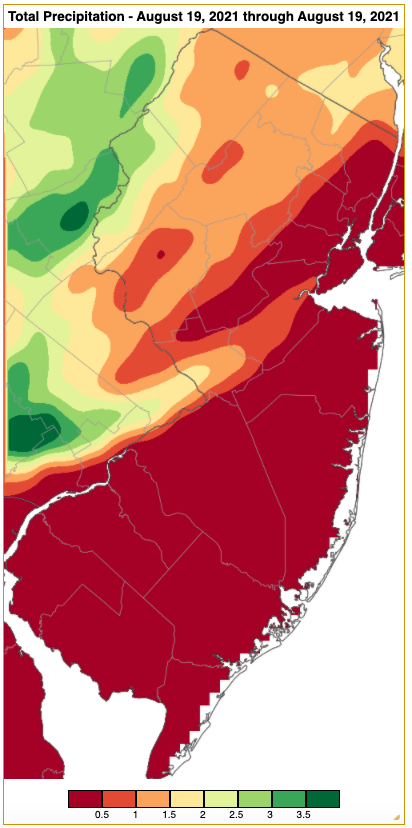 Rainfall from approximately 7 AM on August 18th to 7 AM on August 19th based on an analysis generated using NWS Cooperative and CoCoRaHS observations