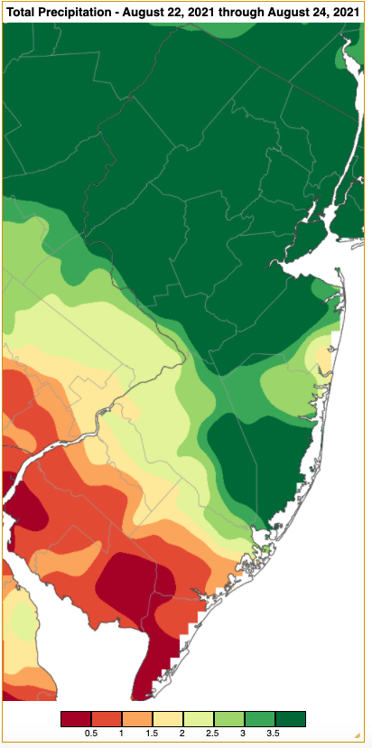 Rainfall from approximately 7 AM on August 21st to 7 AM on August 24th based on an analysis generated using NWS Cooperative and CoCoRaHS observations