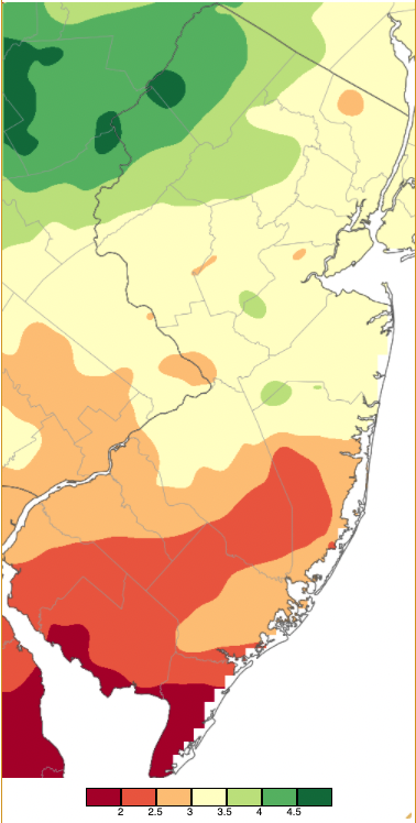 February 2022 precipitation across New Jersey based on a PRISM (Oregon State University) analysis generated using NWS Cooperative and CoCoRaHS observations from 7AM on January 31st to 7AM on February 28th.