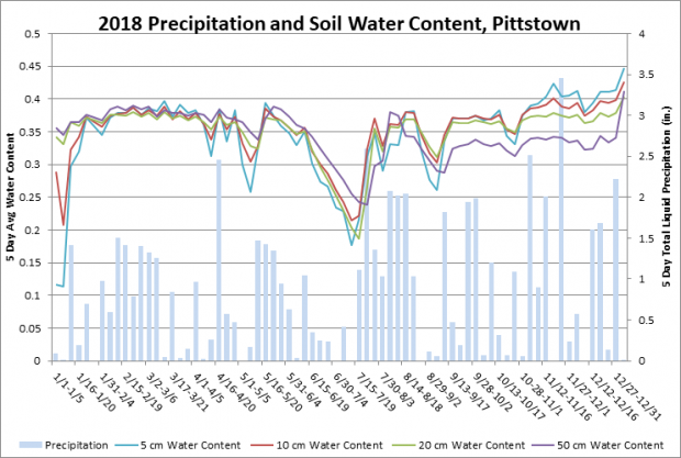 Five-day soil water content running average and five-day total liquid precipitation in 2018