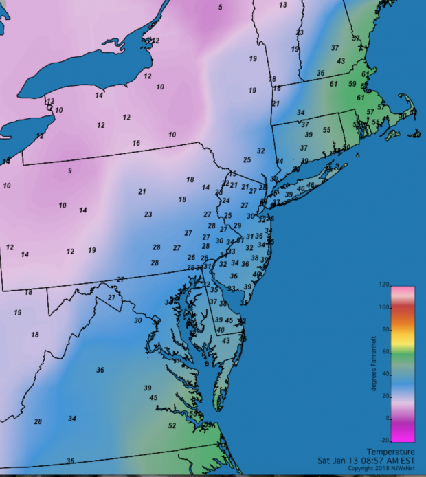 Mid-Atlantic temperatures at 8:57AM on January 13th