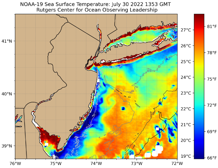 Map of sea Surface temperatures at 9:53 AM on July 30th based on data from the NOAA 19 satellite.