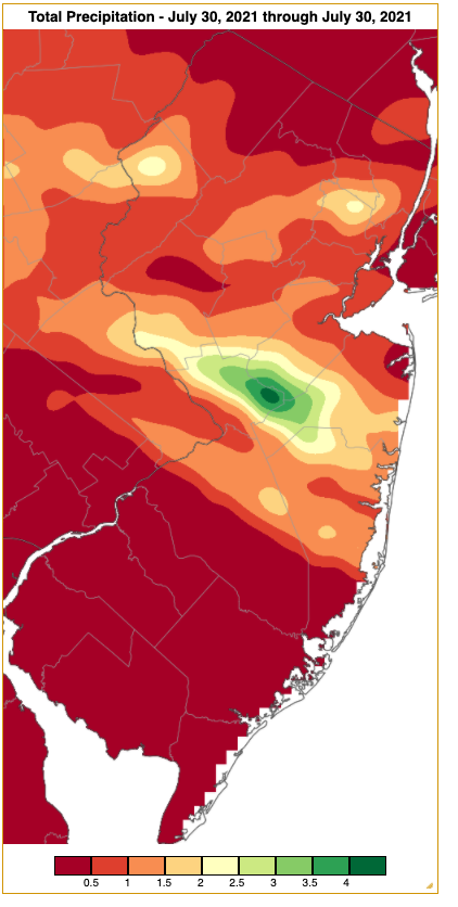 Rainfall from approximately 7 AM on July 29th to 7 AM on July 30th based on an analysis generated using NWS Cooperative and CoCoRaHS observations