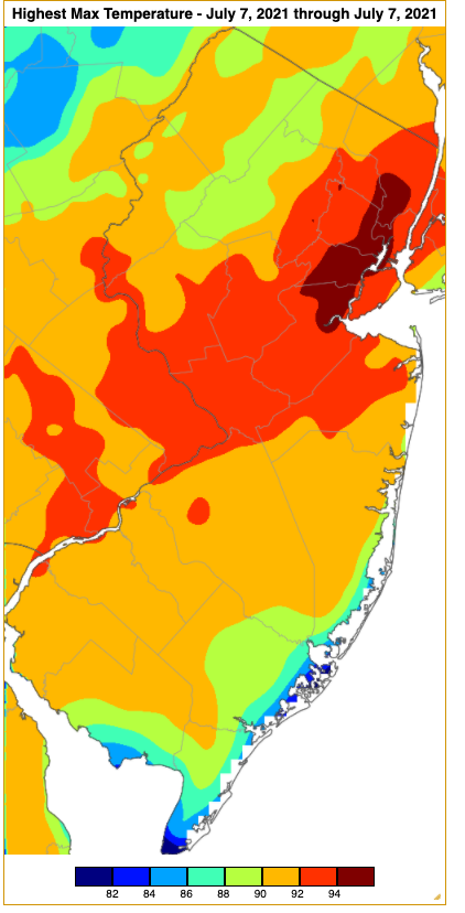 Maximum temperatures on July 7th based on an analysis generated using NWS, NJWxNet, and other professional weather stations