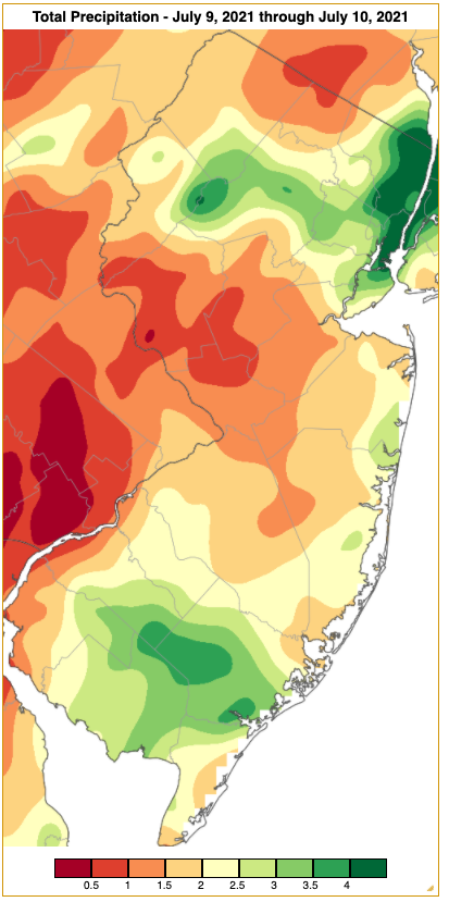 Rainfall from approximately 7 AM on July 8th to 7 AM on July 10th based on an analysis generated using NWS Cooperative and CoCoRaHS observations