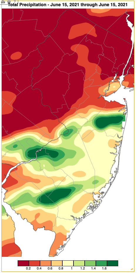 Rainfall from approximately 7 AM on June 14th to 7 AM on June 15th based on an analysis generated using NWS Cooperative and CoCoRaHS observations