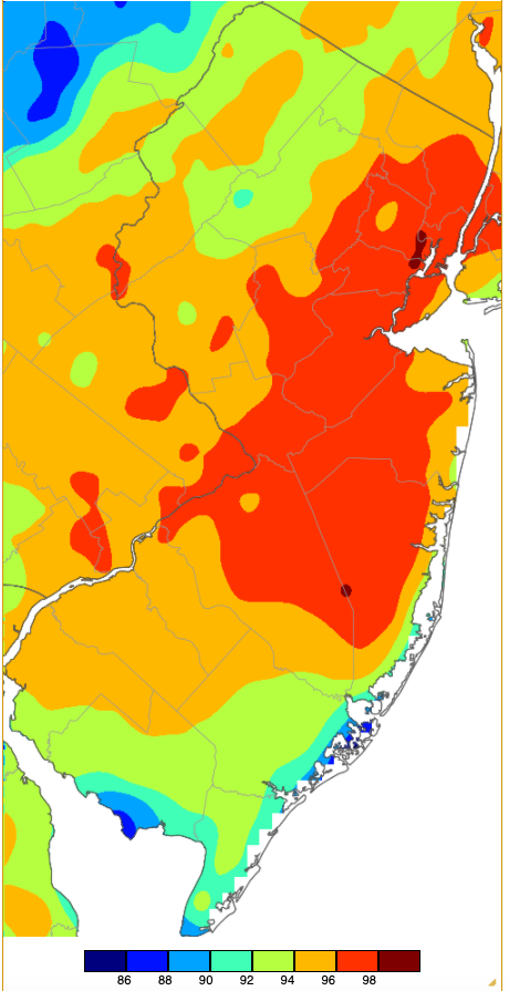 Maximum temperatures on June 30th based on an analysis generated using NWS, NJWxNet, and other professional weather stations