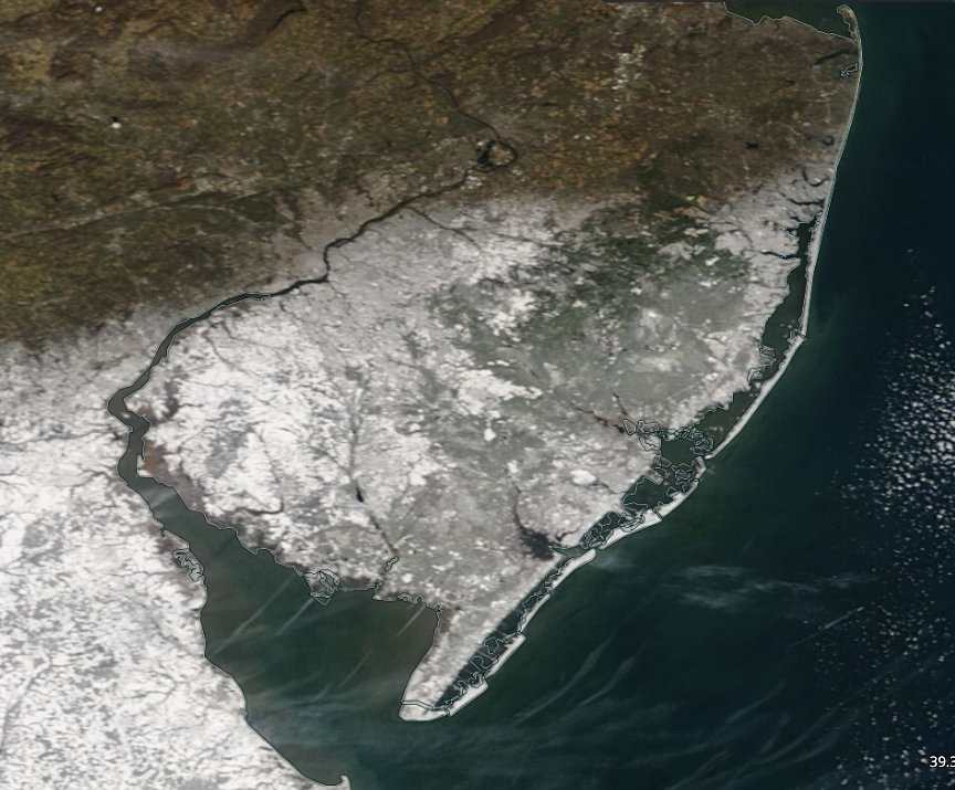 NASA MODIS visible satellite image showing snow cover across south Jersey and portions of Delaware on the morning of January 4th.