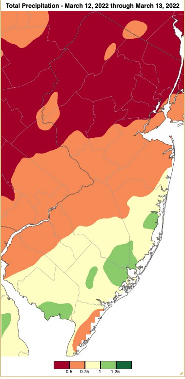 Precipitation across New Jersey from 7AM on March 11th through 7AM March 13th based on a PRISM (Oregon State University) analysis generated using generated using NWS Cooperative and CoCoRaHS observations.