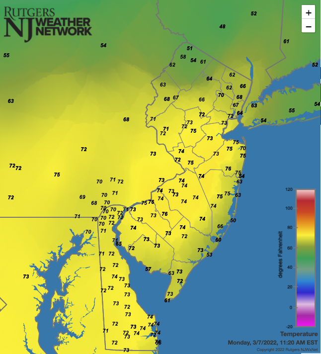 Temperatures across NJ and nearby states at 11:20 AM on March 7th. Observations are from NJWxNet, National Weather Service, and Delaware Environmental Observing System stations.