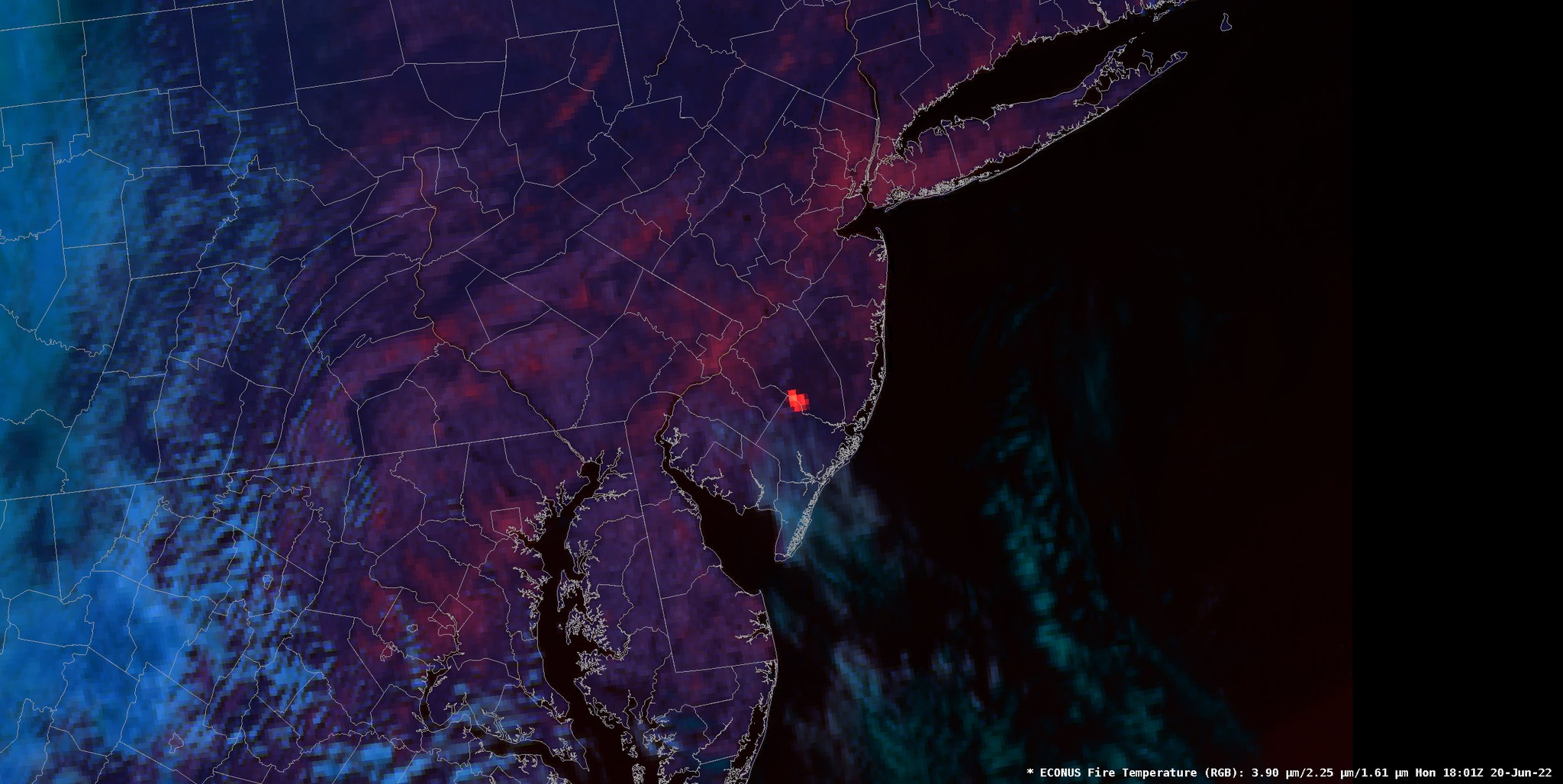 Mullica River fire observed on heat-sensitive satellite image on June 20th.