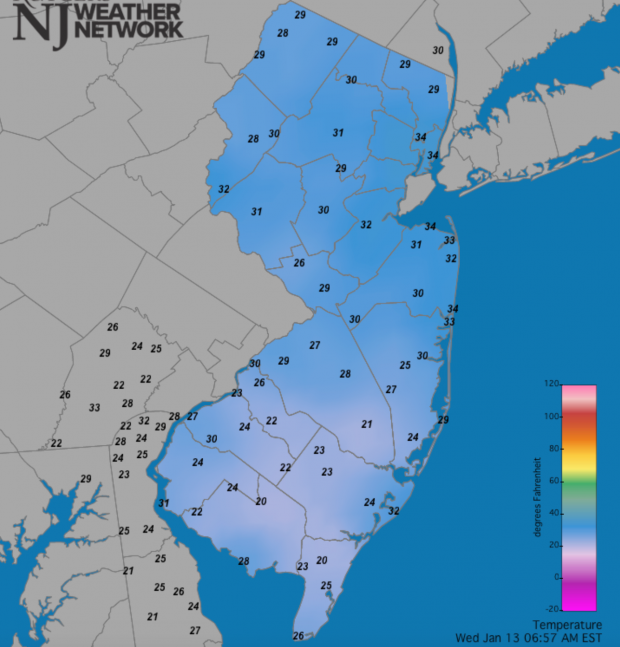 NJ temperature map at 6:57 AM on January 13th