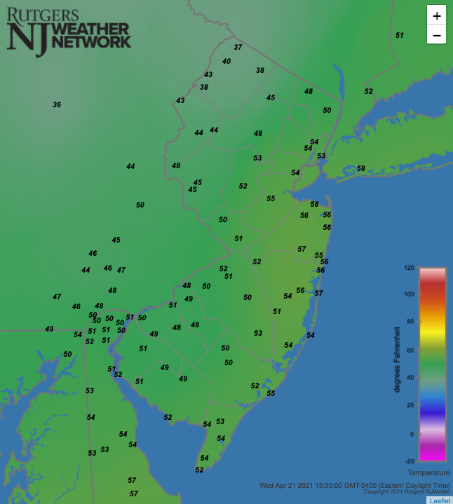 Air temperatures at 3:30 PM on April 21st at NJWxNet stations