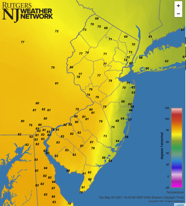 Air temperatures at 4:45 PM on May 4th at NJWxNet stations