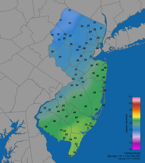 Temperatures across NJ at 11:35 PM, December 14, 2013.