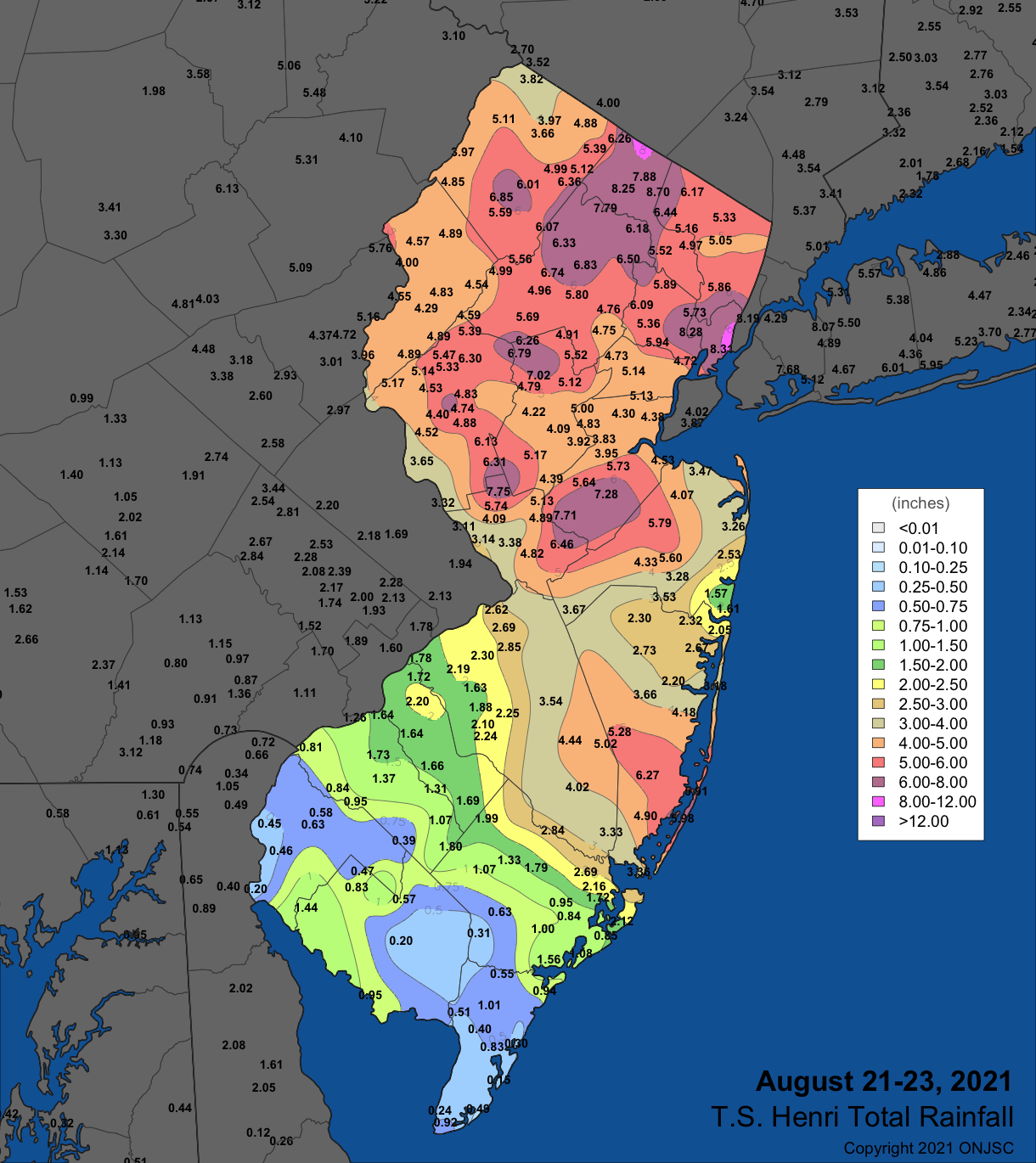 Rainfall from August 21st to 23rd based on an ONJSC analysis generated using observations from NWS Cooperative, CoCoRaHS, NJWxNet, and a few other smaller networks