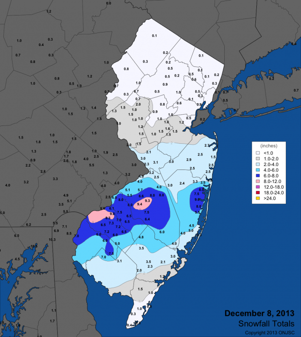 Snowfall totals map from December 8th