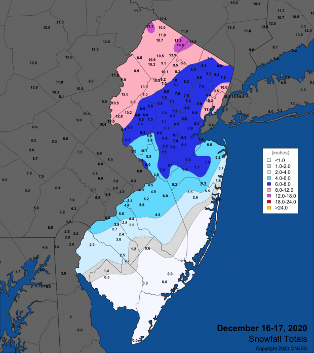 Snowfall map from December 16th-17th winter storm