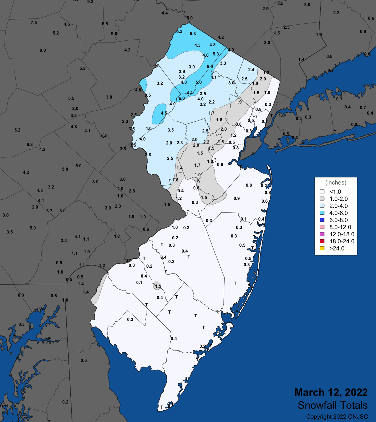 Snowfall on March 12th. Observations are from CoCoRaHS, NWS Cooperative Observer, and NWS Trained Spotter reports.