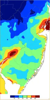 Annual maximum minimum temperatures across NJ during 2025 based on a PRISM (Oregon State University) analysis generated using NWS, NJWxNet, and other professional weather stations