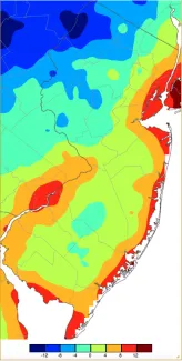Annual maximum minimum temperatures across NJ during 2025 based on a PRISM (Oregon State University) analysis generated using NWS, NJWxNet, and other professional weather stations.